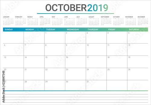 October 2019 monthly calendar vector illustration