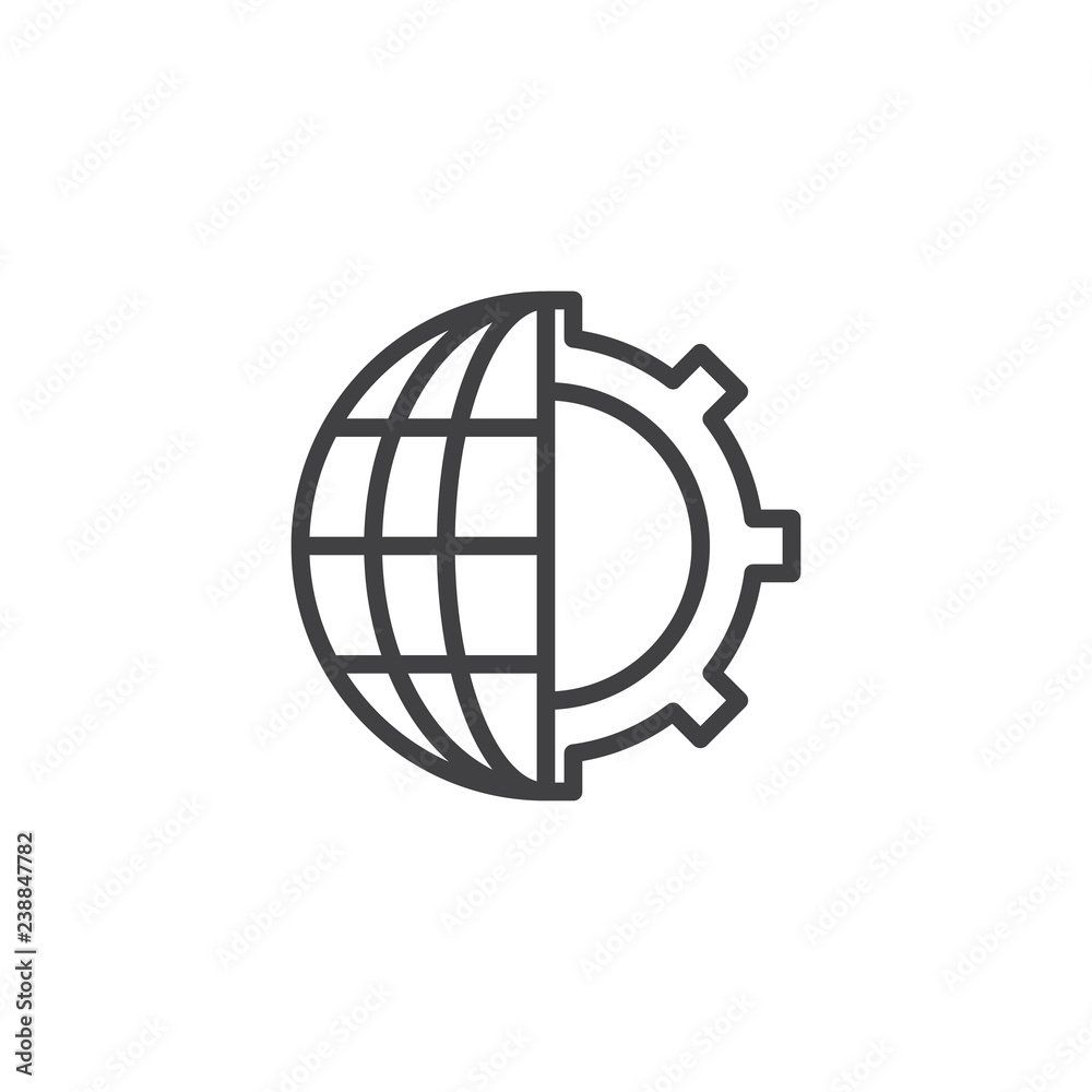 Globe and gear outline icon. linear style sign for mobile concept and ...