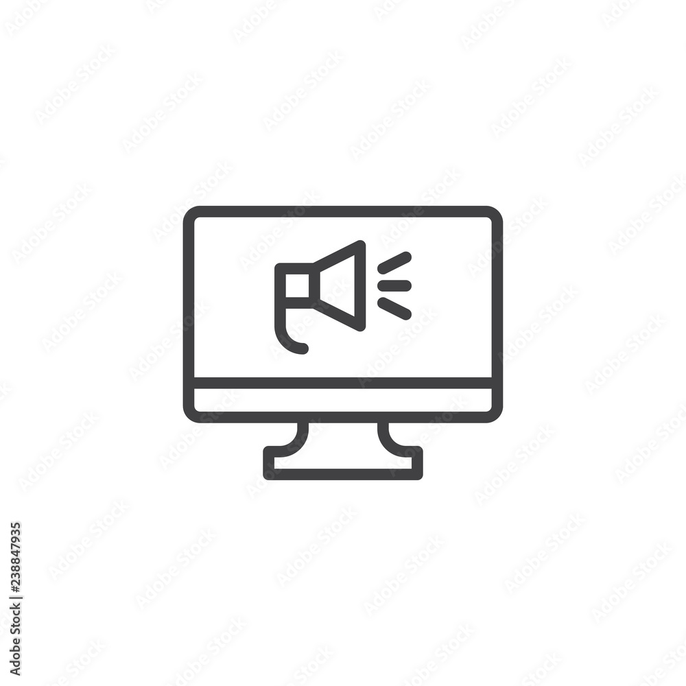 Online marketing outline icon. linear style sign for mobile concept and web design. Computer monitor with megaphone simple line vector icon. Symbol, logo illustration. Pixel perfect vector graphics Online marketing outline icon. linear style sign for mobile concept and web design. Computer monitor with megaphone simple line vector icon. Symbol, logo illustration. Pixel perfect vector graphics
