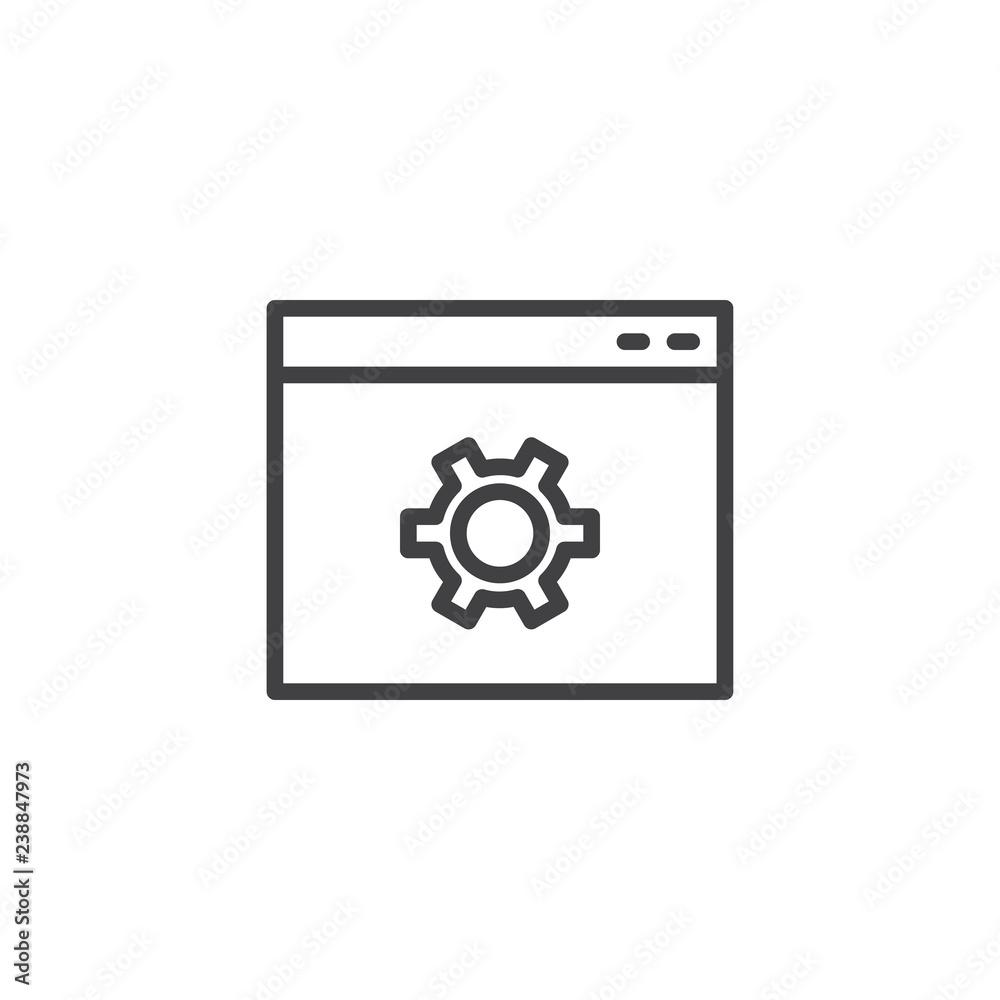 Website settings gear outline icon. linear style sign for mobile concept and web design. Browser setting simple line vector icon. Seo symbol, logo illustration. Pixel perfect vector graphics Website settings gear outline icon. linear style sign for mobile concept and web design. Browser setting simple line vector icon. Seo symbol, logo illustration. Pixel perfect vector graphics