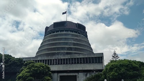 New Zealand Flag Flying over Wellington Parliament 