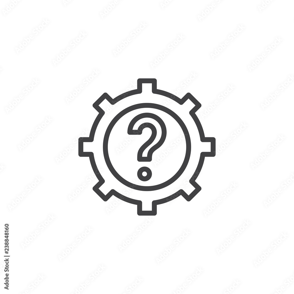 Gear with question mark outline icon. linear style sign for mobile concept and web design. faq simple line vector icon. Symbol, logo illustration. Pixel perfect vector graphics Gear with question mark outline icon. linear style sign for mobile concept and web design. faq simple line vector icon. Symbol, logo illustration. Pixel perfect vector graphics
