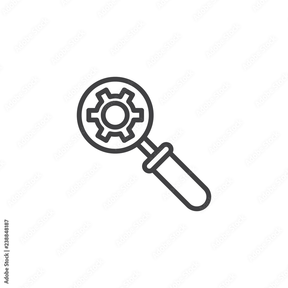 Fototapeta premium Magnifier with cogwheel outline icon. linear style sign for mobile concept and web design. Search gear simple line vector icon. SEO symbol, logo illustration. Pixel perfect vector graphics