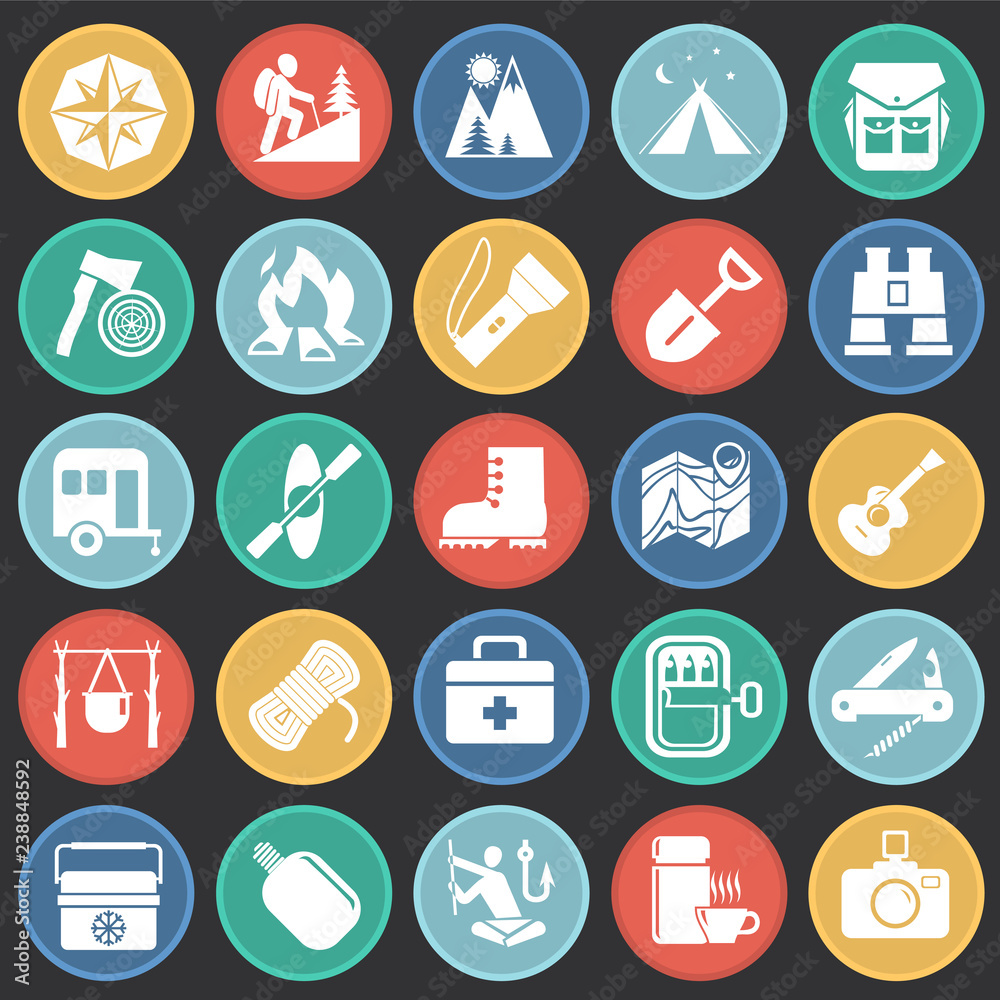 Camping icons set on color circles black background for graphic and web design, Modern simple vector sign. Internet concept. Trendy symbol for website design web button or mobile app Camping icons set on color circles black background for graphic and web design, Modern simple vector sign. Internet concept. Trendy symbol for website design web button or mobile app
