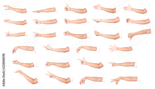 Multiple female caucasian hand gestures isolated over the white background, set of multiple images