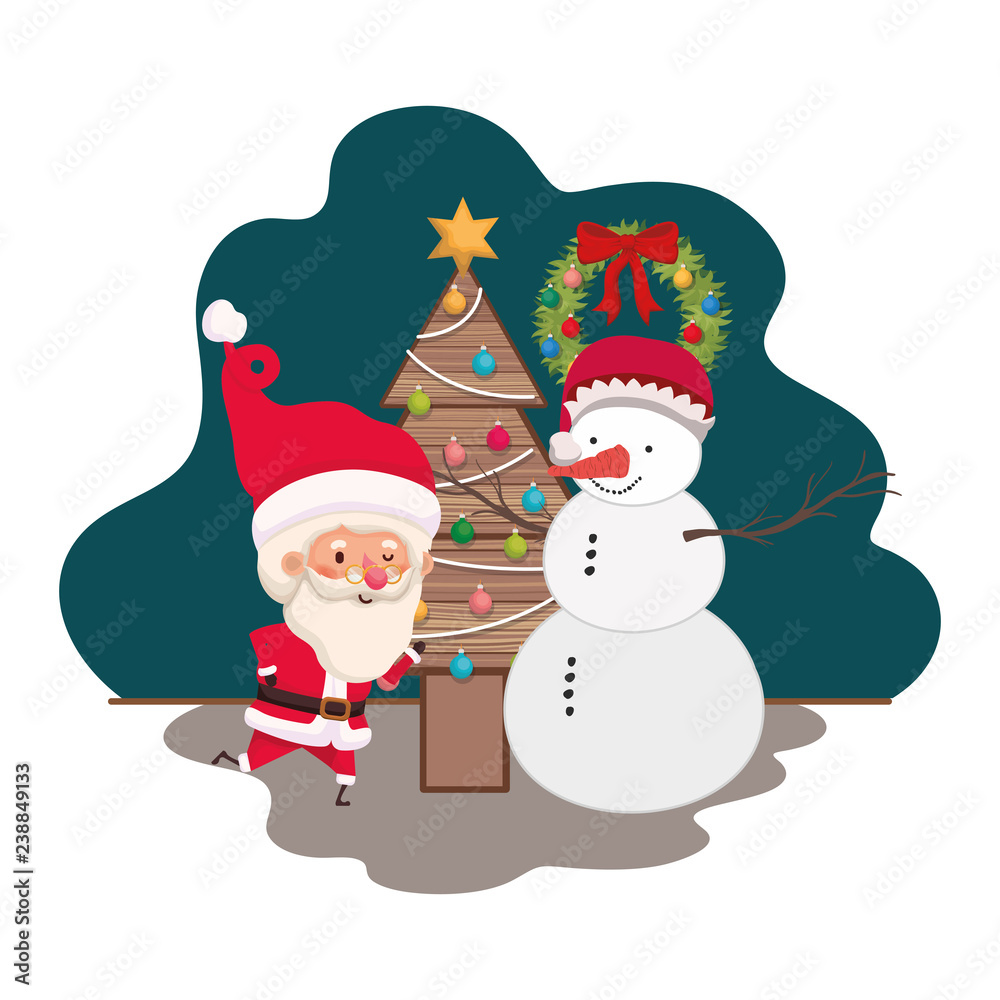 santa claus with christmas tree and snowman