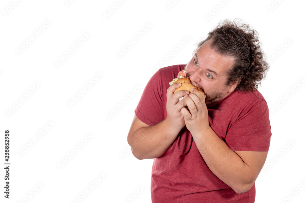 Funny fat man eating hamburger. Fast food, unhealty eat. Overweight and health problems Funny fat man eating hamburger. Fast food, unhealty eat. Overweight and health problems