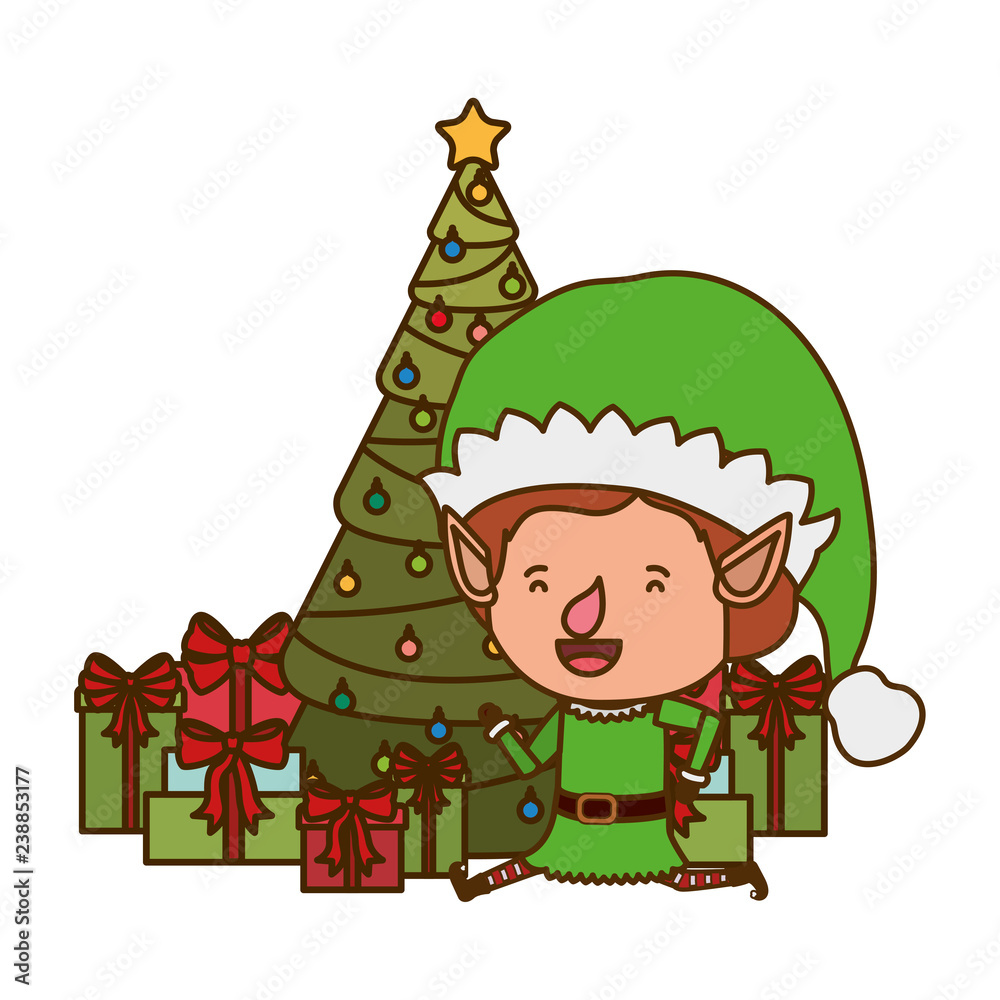 elf with christmas tree and gifts