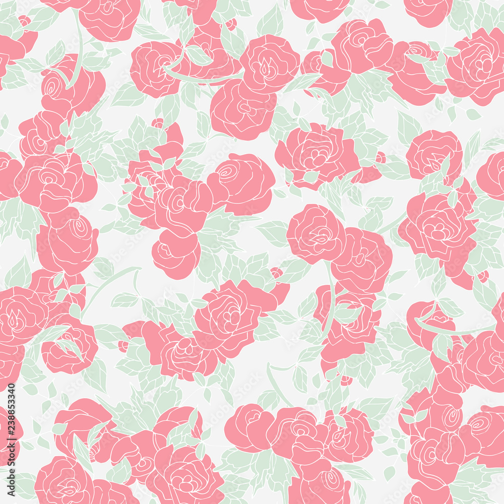 Pink roses. Background, texture, wallpaper. Seamless. Doodle.