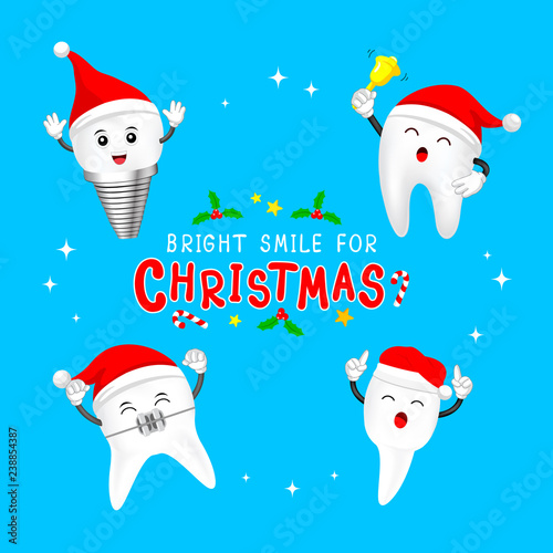 Happy cute cartoon tooth characters with Santa hat. Dental care concept. Merry Christmas and happy new year, Illustration on blue background.