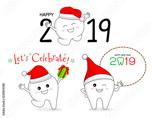 Cute cartoon tooth character with Santa hat. Happy new year, dental care concept. Vector illustration isolated on white background.
