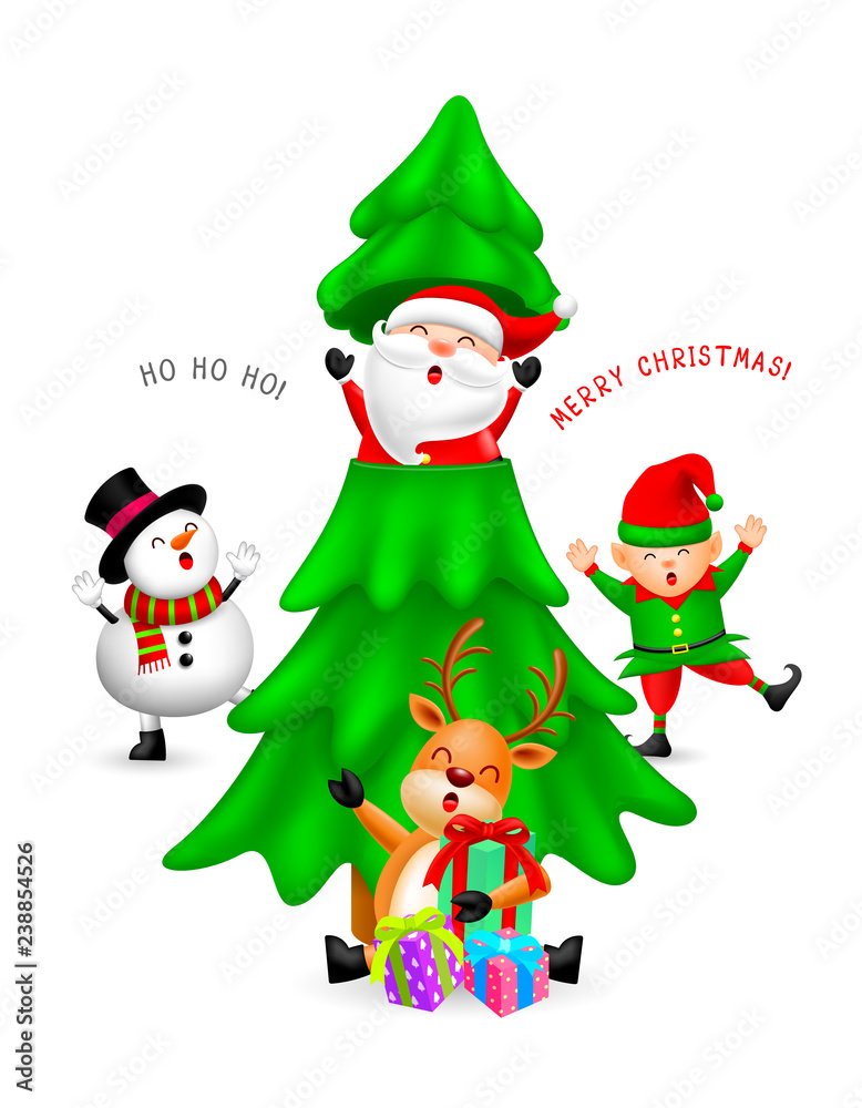 Funny Christmas cartoon characters with Christmas tree. Santa Claus,  Snowman, elf and Reindeer. Merry Christmas and Happy new year concept.  Illustration isolated on white background. Stock Vector | Adobe Stock