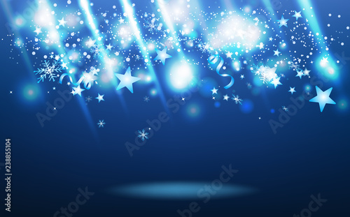 Blue light beam shooting stars falling, winter season, stars burst confetti, snowflakes and ribbons, celebration festival holiday party abstract background vector illustration