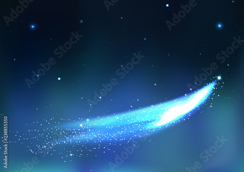 Icy comets sparkle on stars scatter on night fantasy sky, astronomy constellation blue concept abstract background vector illustration