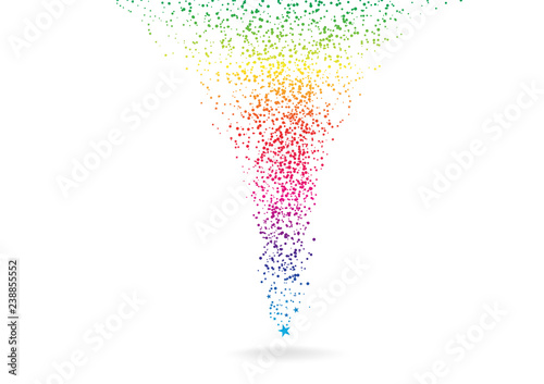 Stars explosion scatter spectrum and rainbow falling on white space abstract background vector illustration, festival concept