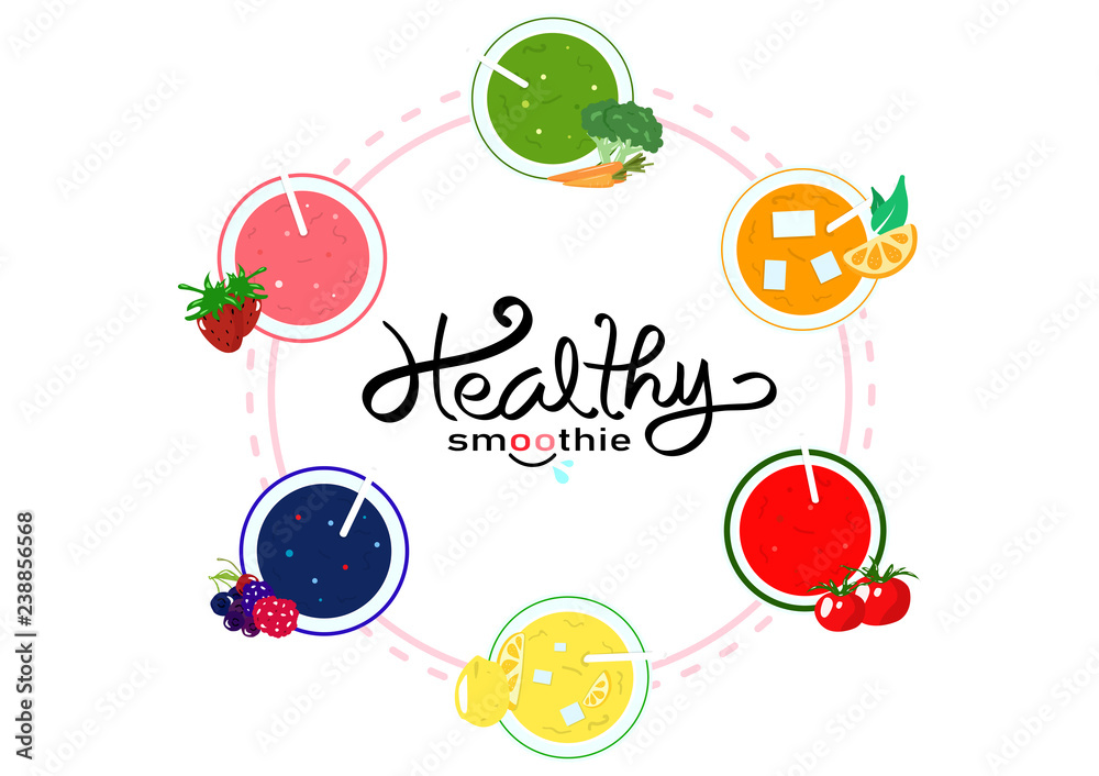 Healthy smoothie balance diet menu, banner template food and drinking product, vegetable and fruit juicy concept on white space background vector illustration, top view flat design