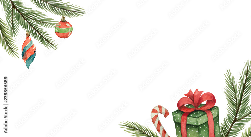 Watercolor vector Christmas banner with fir branches, gifts, balls.