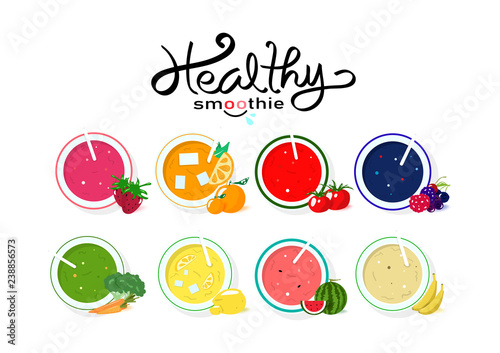 Healthy smoothie collection balance diet menu, banner template food and drinking product, vegetable and fruit juicy concept on white space background vector illustration