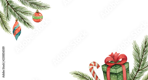 Watercolor vector Christmas banner with fir branches, gifts, balls.