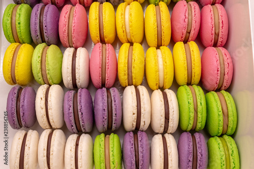 Many beautiful colored macarons in the box.