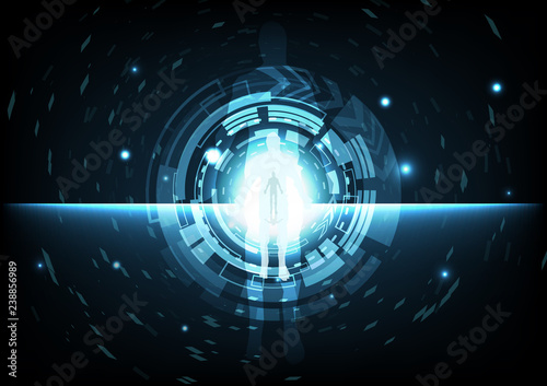 Digital technology gate circular ring with man in cyberspace abstract background vector illustration photo