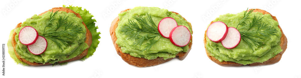 sandwich with avocado cream isolated on white background. Healthy food. top view sandwich with avocado cream isolated on white background. Healthy food. top view