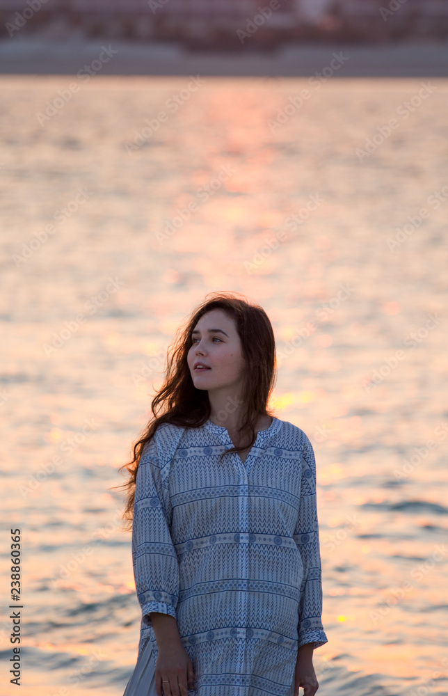 a beautiful brunette walks along the seashore a beautiful brunette walks along the seashore