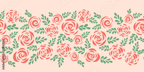 Modern abstract flat roses and leaves red pink seamless vector border. Floral silhouettes. Flower pattern for Valentines, greeting card, poster, web banner, frame, stencil for laser cutting, die cut.