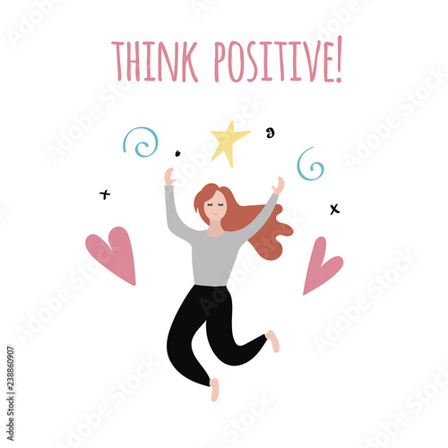 Positive girl jumping. Law of attraction concept. Happy girl