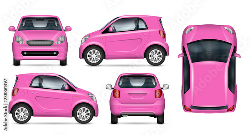 Pink little car vector mockup on white for vehicle branding, corporate identity. View from side, front, back, and top. All elements in the groups on separate layers for easy editing and recolor