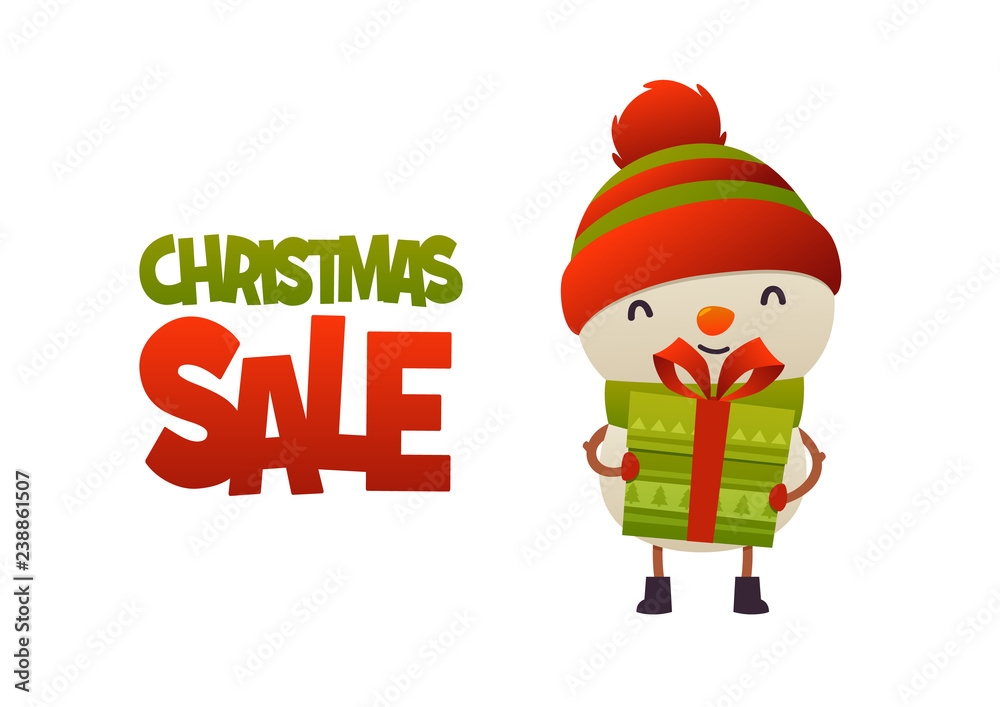 Happy cute cartoon snowman with gift present and text Christmas sale Happy cute cartoon snowman with gift present and text Christmas sale