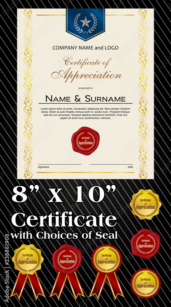 8x10 size of Certificate of Appreciation with laurel wreath and wax seal portrait version