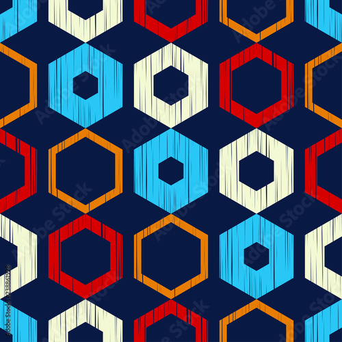 The pattern of colored hexagons with a dashed texture. Vector geometric background. Mosaic texture. Can be used for wallpaper, textile, invitation card, wrapping, web page background.