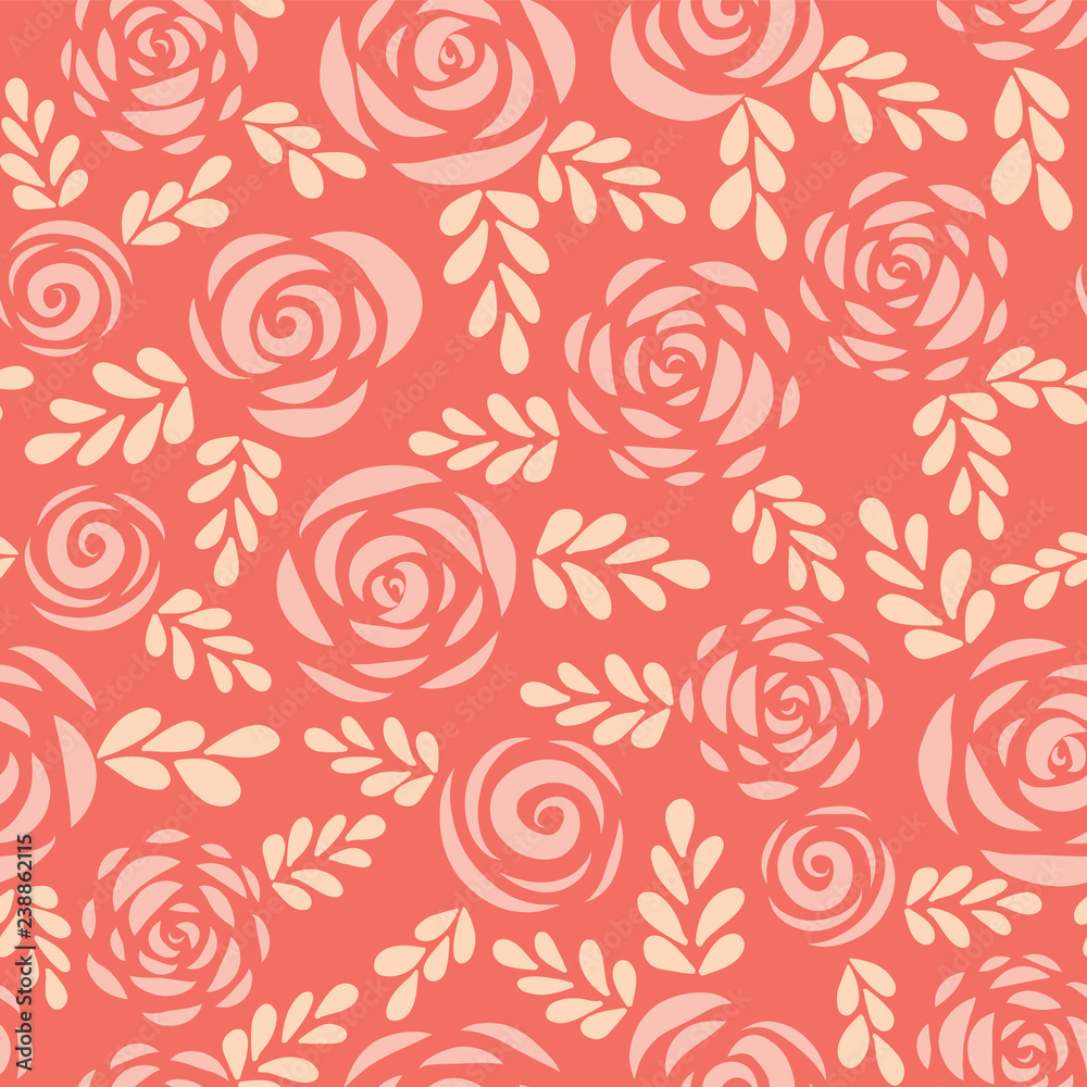 Seamless vector pattern abstract Scandinavian style flat roses and leaves red pink coral background. Floral silhouettes. Flower pattern for Valentines, greeting card, poster, banner, stencil, wedding.