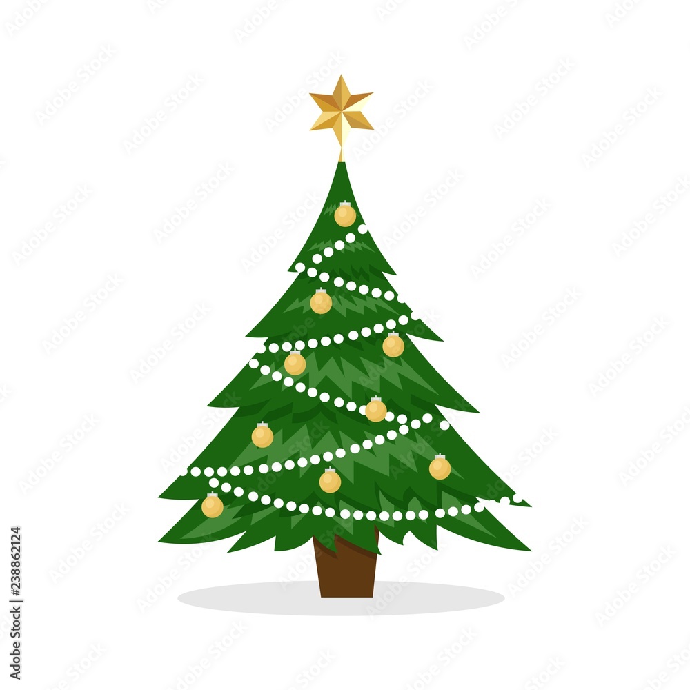 Vector Christmas greeting card with christmas tree and decorations. Holiday poster,card,banner. Happy new year.
