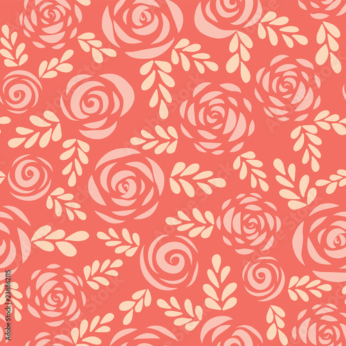 Seamless vector pattern abstract Scandinavian style flat roses and leaves red pink coral background. Floral silhouettes. Flower pattern for Valentines, greeting card, poster, banner, stencil, wedding.