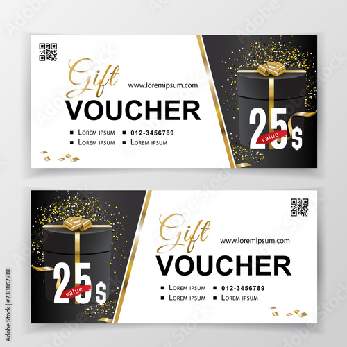 Vector gift voucher template for department stores, business. Abstract vector background. Universal flyer for business. Clean vector design, black gold design elements. 25 dollars.