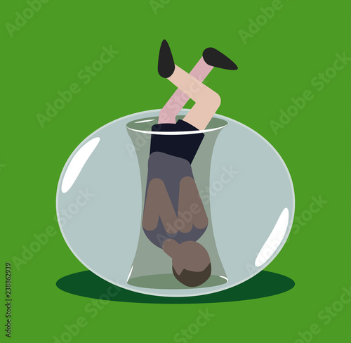 boy in a bubble upside down on the grass. Boy in inflatable zorb suits upside