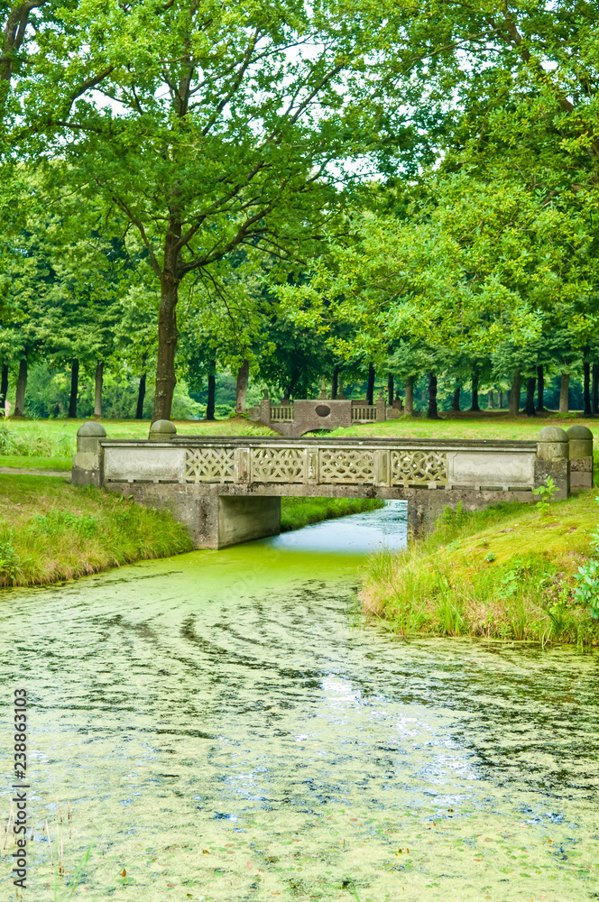 Idyllischer Park mit Blumen, Pflanzen und Bach