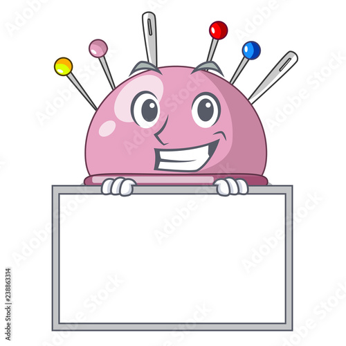 Grinning with board wicker basket on a pincushion cartoon