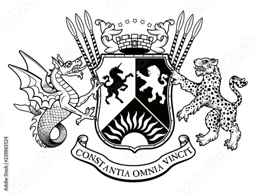 Vector heraldic illustration in vintage style with shield, crown, leopards, wyvern and knight helmet for design - Vector