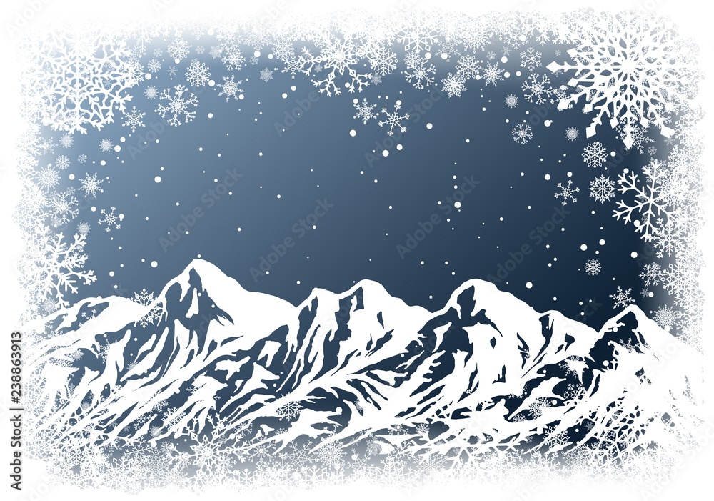 Christmas greting card with huge mountain range and white frame of snowflakes on dark blue background. New-Year winter vector illustration with copy-space.