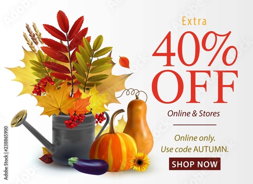 Vector fall sale poster illustration with colorful leafs for web.