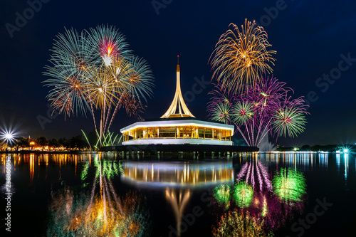 Fireworks at Suanluang RAMA IX, public park in Bangkok, Thailand. Fireworks Light up the Sky, New Year Celebration.