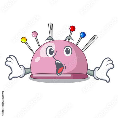 Surprised sewing pins and pincushion on mascot