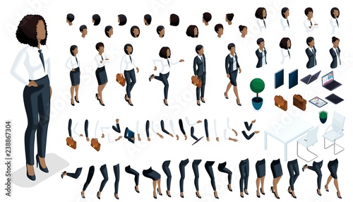 Large isometric Set of hand gestures and legs of African American woman 3d business lady. Create your isometric office worker for vector illustrations