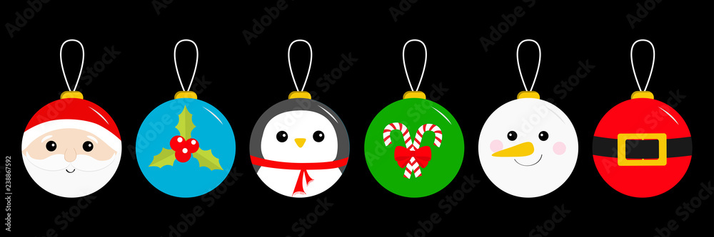 Merry Christmas ball toy hanging icon set. Santa Claus head, red coat  golden belt Snowman Holly berry Penguin Candy cane Tree decoration. Cute  cartoon character. Black background. Flat design. Stock Vector |