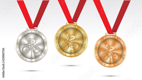 cycling Champion Gold, Silver and Bronze Medal set with Red Ribbon  Vector Illustration