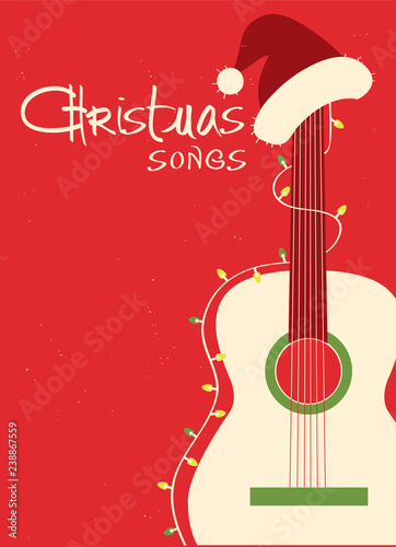 Christmas songs guitar and Santa hat on red background.