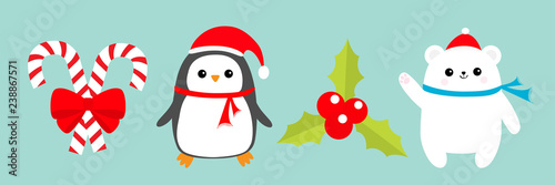 Merry Christmas icon set. Candy Cane stick with red bow. Penguin bird, white polar bear cub wearing Santa Claus hat, scarf. Holly berry Mistletoe. Blue background. Flat design.